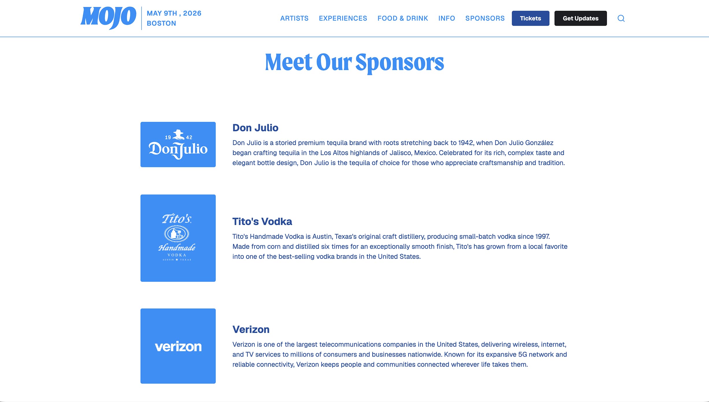 Mojo Boston festival website screenshot