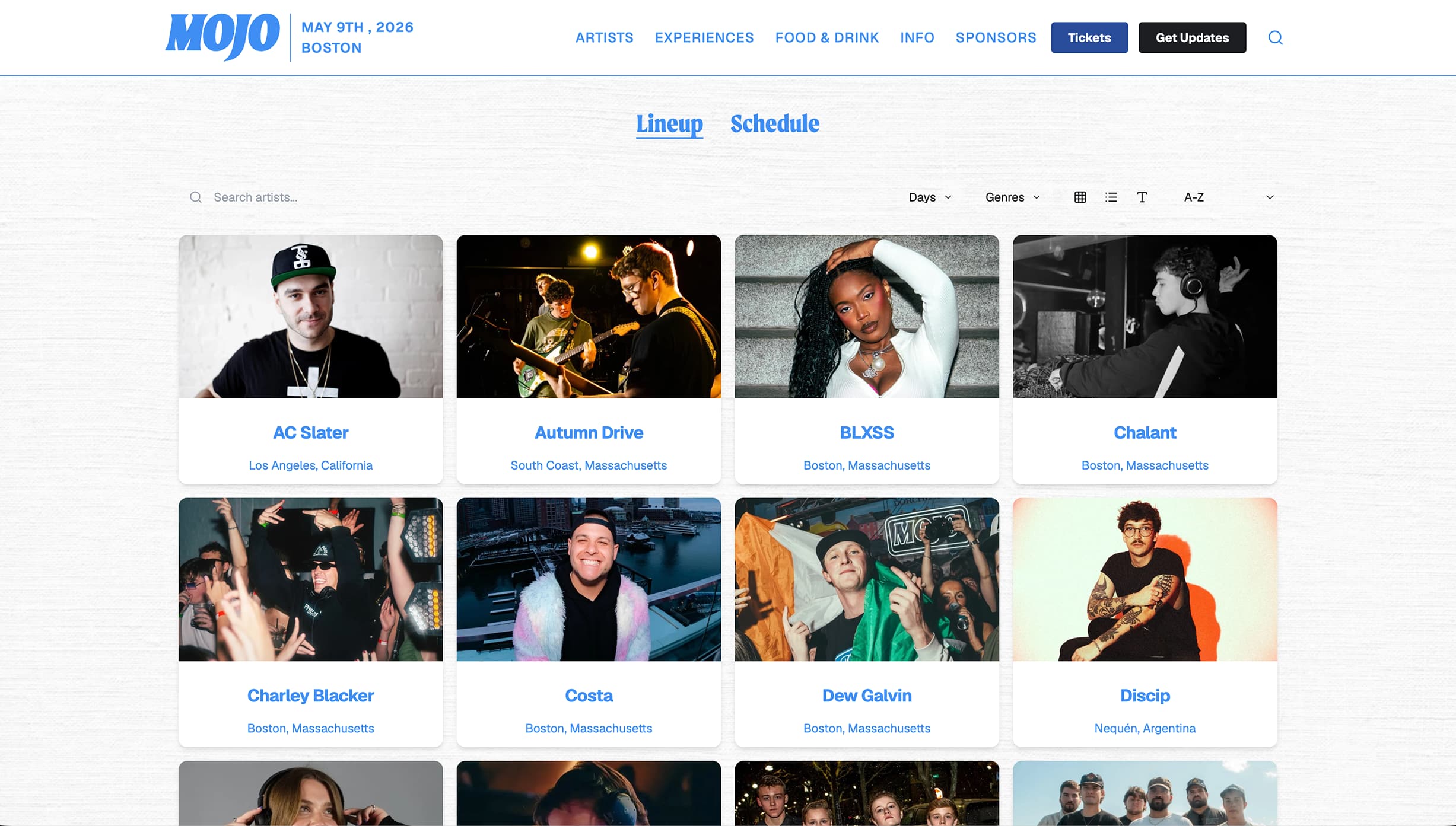 Mojo Boston festival website screenshot